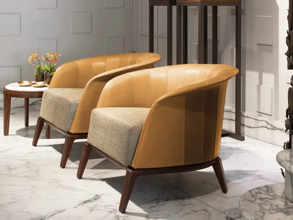 Giorgetti Aura leather armchair with armrests, photographed for the catalogue
