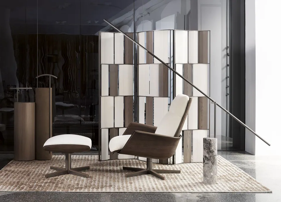 Giorgetti Clori swivel with spoke base footstool, photographed for the catalogue