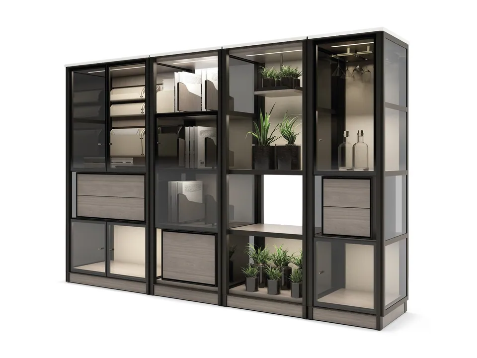 Giorgetti Domus sectional bookcase with built-in lights, photographed for the catalogue