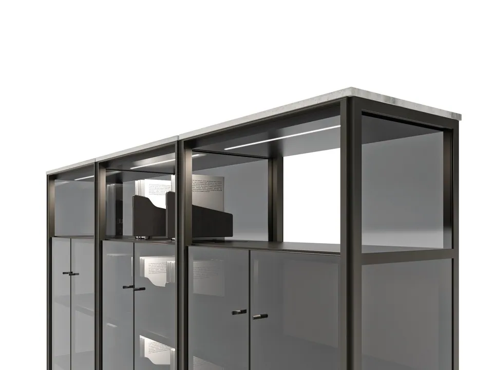 Giorgetti Domus sectional bookcase with built-in lights, photographed for the catalogue