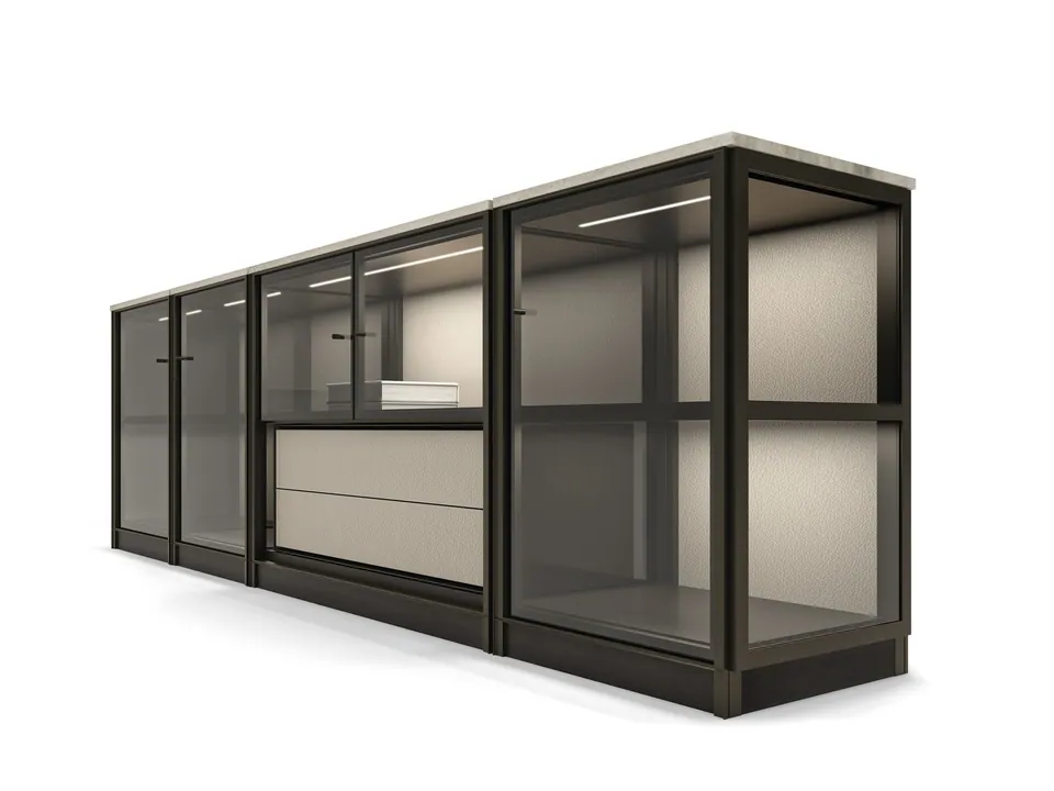 Giorgetti Domus sectional bookcase with built-in lights, photographed for the catalogue