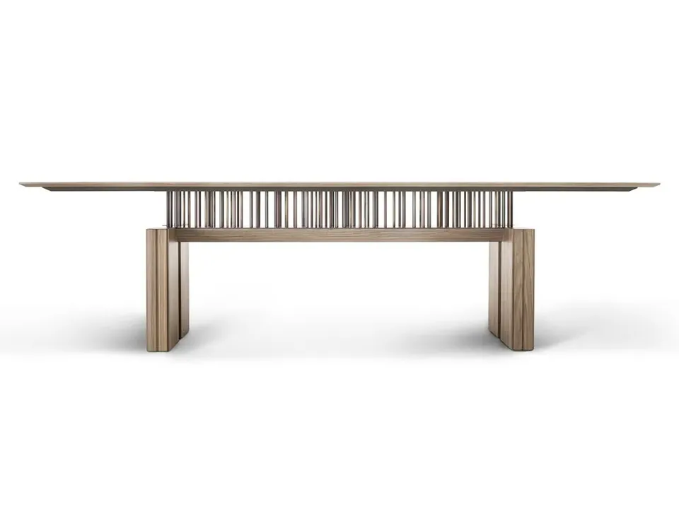 Giorgetti G Code rectangular writing desk with walnut base and marble top, photographed for the catalogue