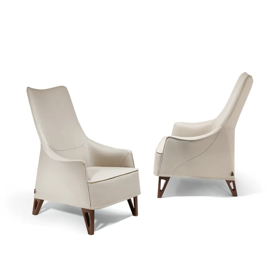 Giorgetti Mobius bergère leather armchair with armrests, photographed for the catalogue