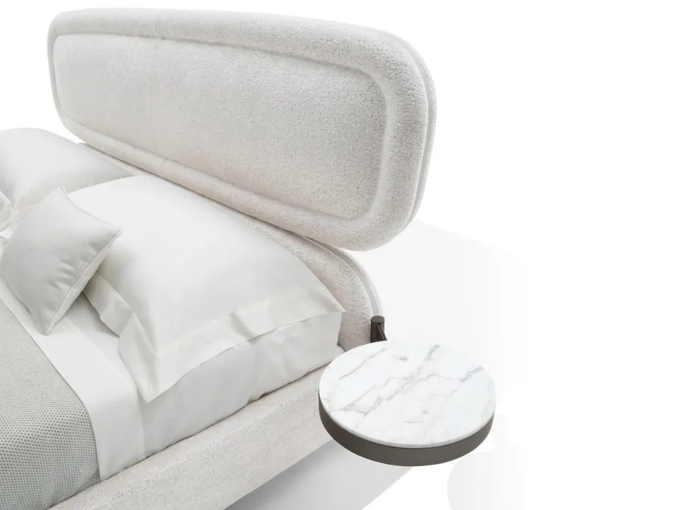Giorgetti Vibe round leather and marble bedside table with drawers, photographed for the catalogue
